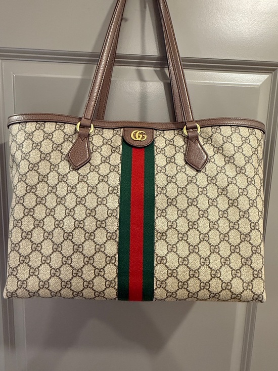 Gucci Handbags - Gucci Beige/Brown GG Canvas Tote with Green and Red Web